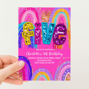 Invitación de cumpleaños número 5 con lentejuelas