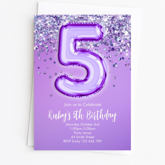 Invitación de cumpleaños número 5 con purpurina pú (Subido por el creador)