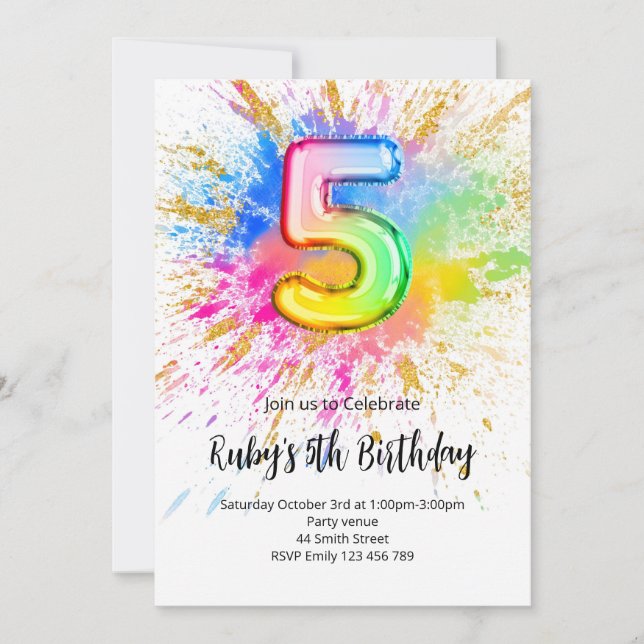 Invitación de cumpleaños número 5 de arcoíris (Anverso)