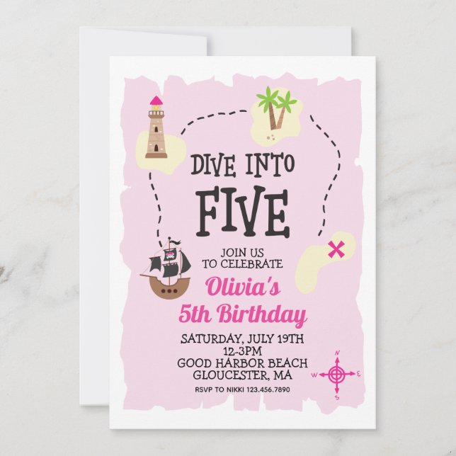 Invitación de cumpleaños número 5 de buceo pirata  (Anverso)