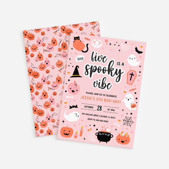 Invitación de cumpleaños número 5 de Halloween ros (Pink and Orange Halloween 5th Birthday Invitation )