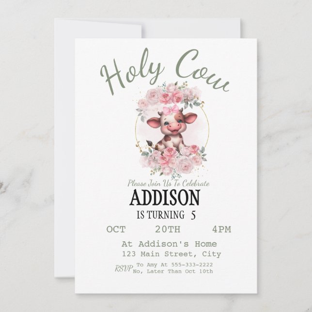 Invitación de cumpleaños número 5 de Holy Cow Girl (Anverso)