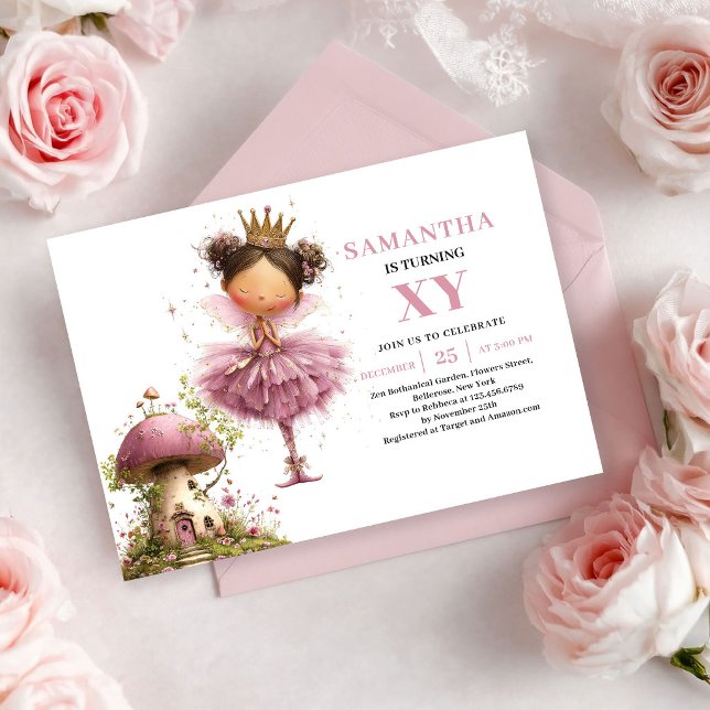Invitación de cumpleaños número 5 de niña hada lin (Cute Fairy Girl 5th Birthday Pink Rose Gold invitation)