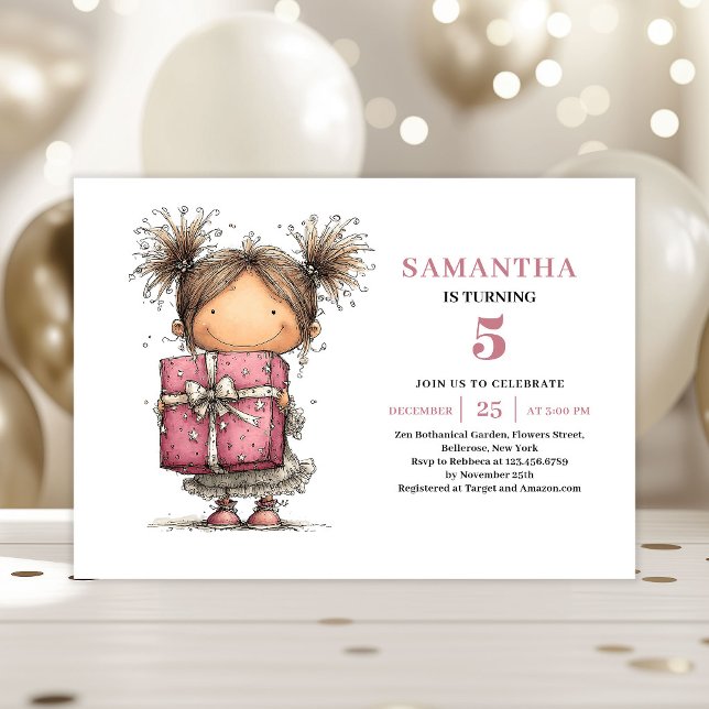 Invitación de cumpleaños número 5 de niña pequeña  (Cute Toddler 5th Birthday Invitation Pink Kit)