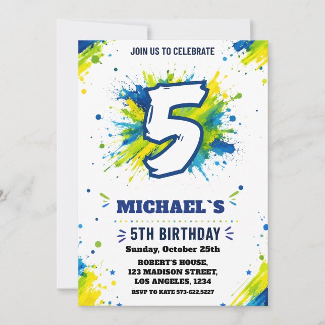 Invitación de cumpleaños número 5 de Splash Paint  (Anverso)