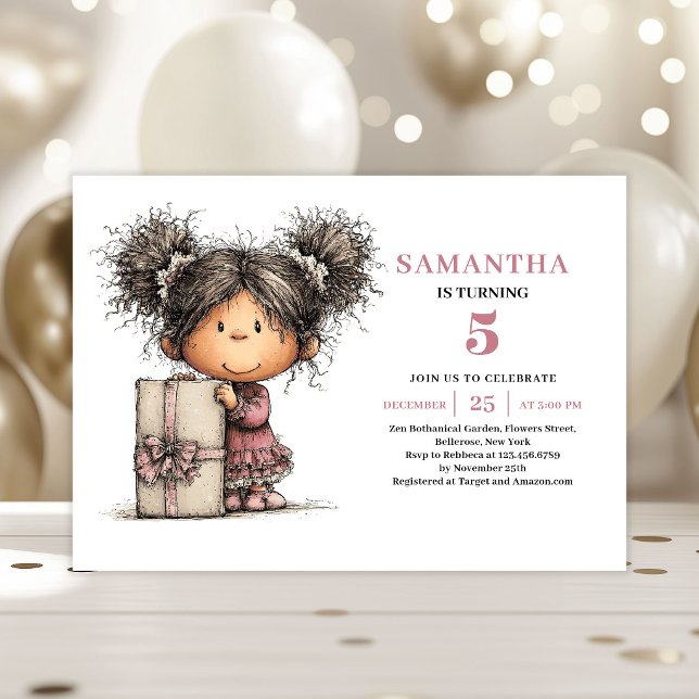 Invitación de cumpleaños número 5 de Whimsy Girl e (Whimsy Girl 5th Birthday Invite Dusty Pink)