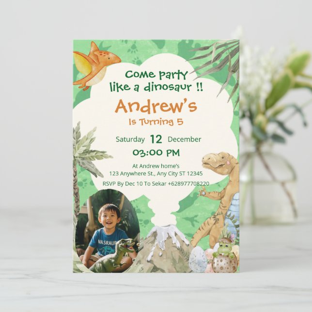 Invitación de cumpleaños número 5 del volcán Dino  (Anverso de pie)