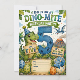 Invitación de cumpleaños número 5 Dino-Mite