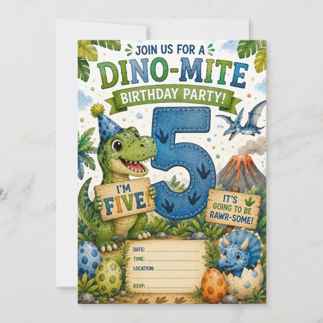 Invitación de cumpleaños número 5 Dino-Mite (Anverso)