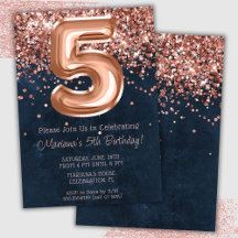 Invitación de cumpleaños número 5 en rosa dorado y