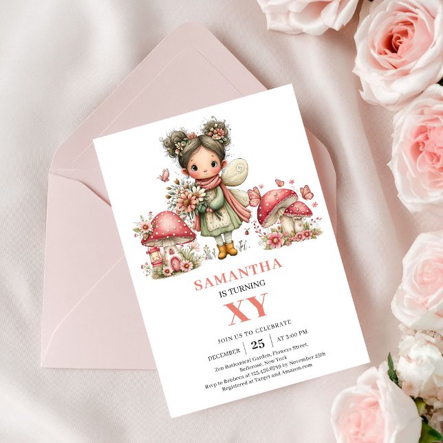 Invitación de Cumpleaños número 5 Floral Bonita de (Cute Floral Fairy 5th Birthday Pink Invitation)