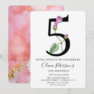 Invitación de cumpleaños número 5 floral con foto