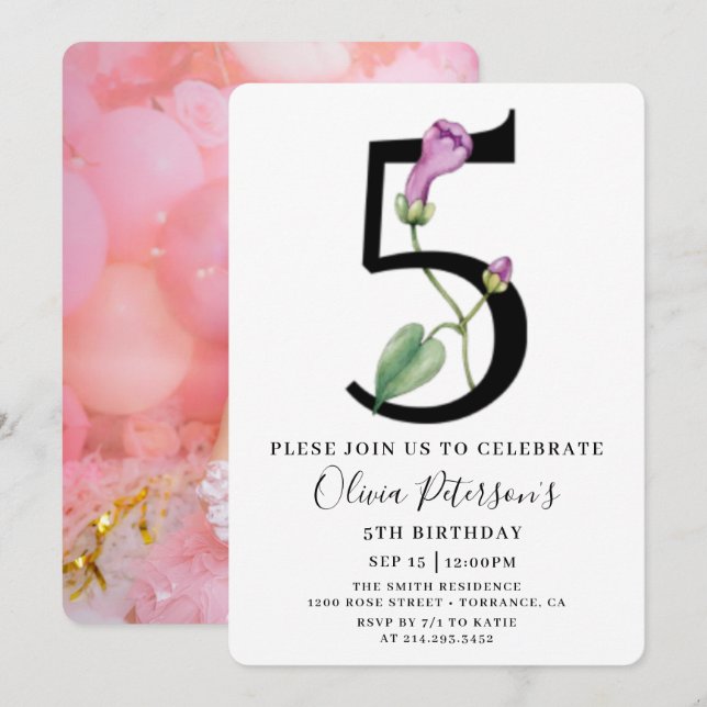 Invitación de cumpleaños número 5 floral con foto  (Anverso / Reverso)