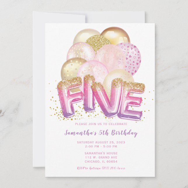 Invitación de cumpleaños número 5 Globo Rosa Purpu (Anverso)