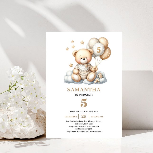 Invitación de cumpleaños número 5 Oso de peluche G (5th Birthday Invite Teddy Bear Gold Ivory Theme)