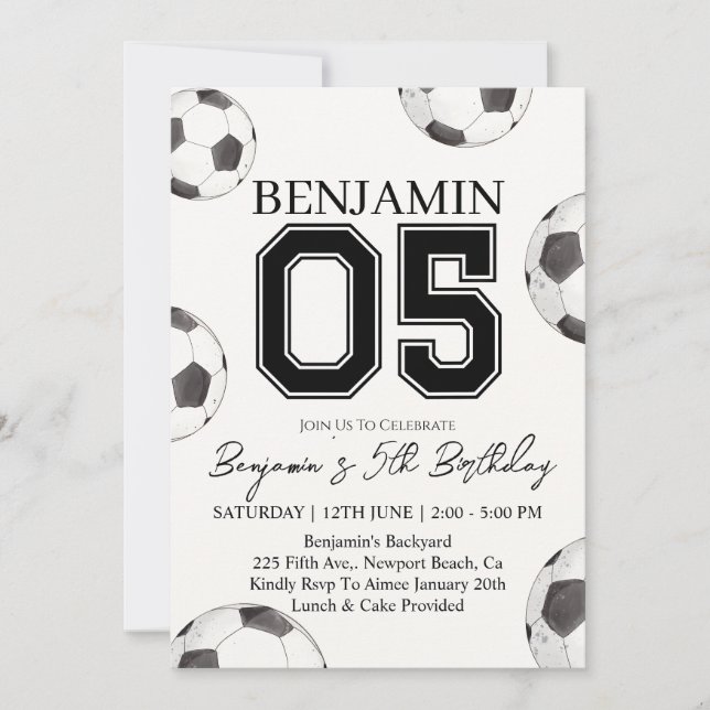 Invitación de cumpleaños número 5 para niño de fút (Anverso)