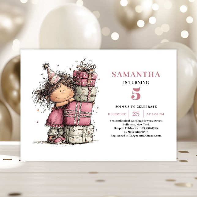 Invitación de cumpleaños número 5 para un lindo pe (Cute Toddler 5th Birthday Invitation Pink Theme)