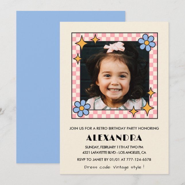 invitación de cumpleaños número 5 Retro Groovy Flo (Anverso / Reverso)