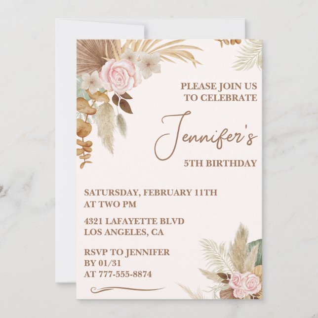 invitación de cumpleaños número 5 simple floral bo (Anverso)