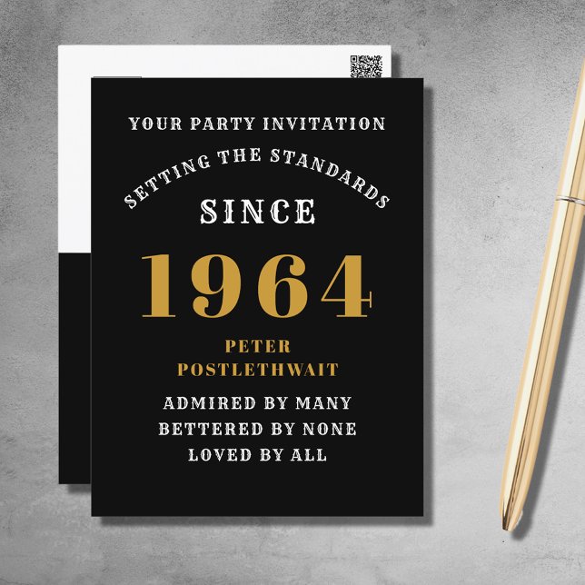 Invitación de Cumpleaños número 60 1964 Negra Dora (Elegant Black and Gold 60th Birthday Invitation - Create Your Own Personalized Design.)