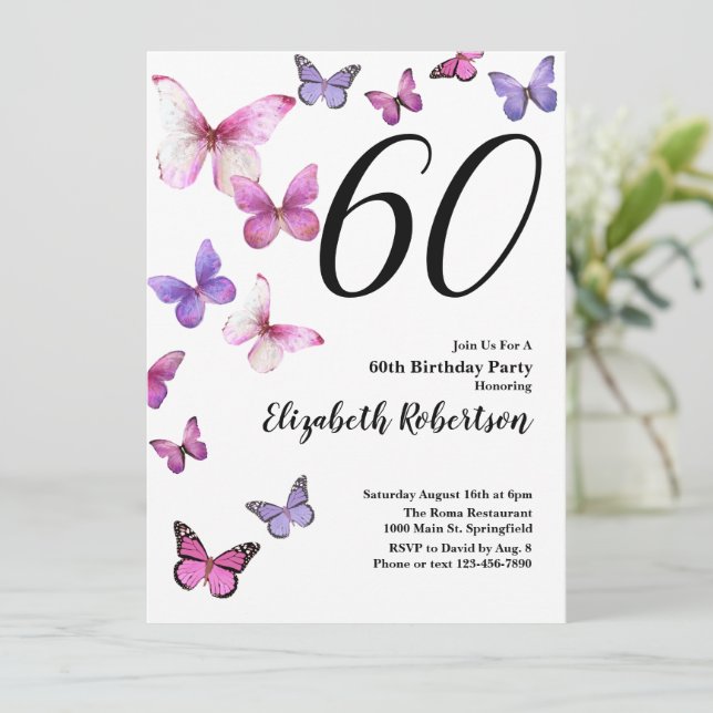 Invitación de cumpleaños número 60 a la mariposa e (Anverso de pie)