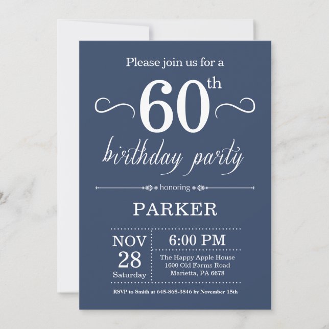 Invitación de cumpleaños número 60 Azul (Anverso)