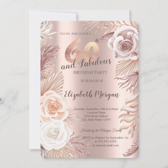 Invitación de cumpleaños número 60 Boho Flowers Ro (Anverso)