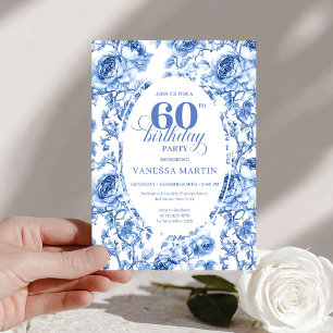 Invitación de cumpleaños número 60 Chic Blue Toile