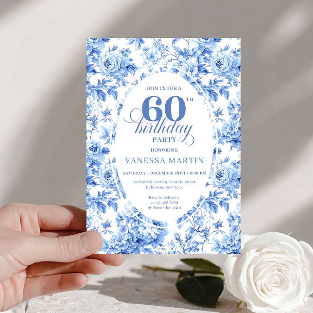 Invitación de cumpleaños número 60 Clásicas Rosas  (Classic Navy Toile Roses 60th Birthday Invite Print

)