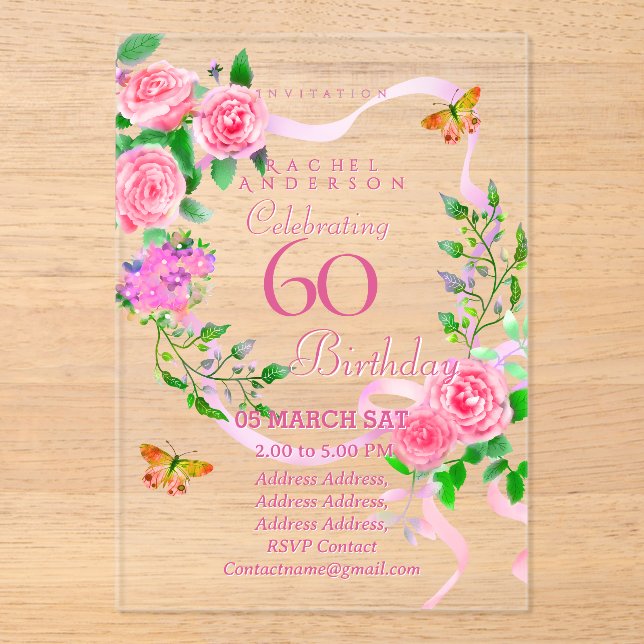 Invitación de cumpleaños número 60 con cinta de ro (Anverso)