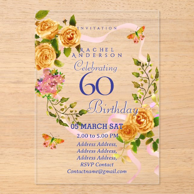 Invitación de cumpleaños número 60 con cinta de ro (Anverso)