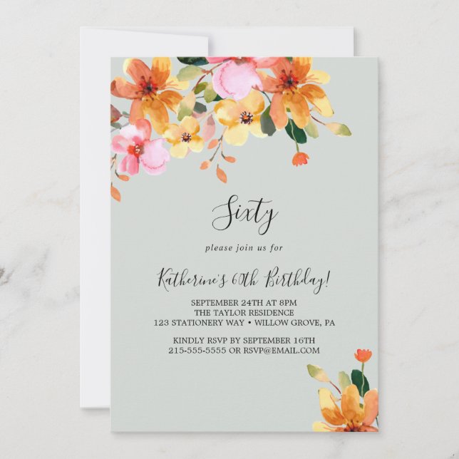 Invitación de cumpleaños número 60 con diseño flor (Anverso)