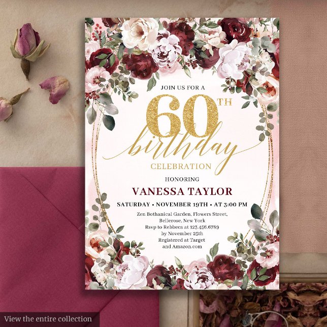 Invitación de cumpleaños número 60 con estilo boho (Stylish Boho Burgundy Floral 60th Birthday Invite)
