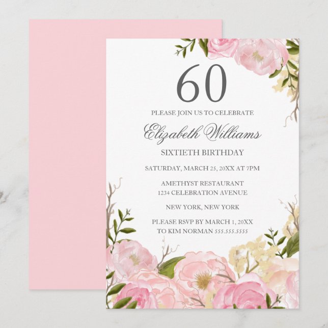 Invitación de cumpleaños número 60 con flores de a (Anverso / Reverso)