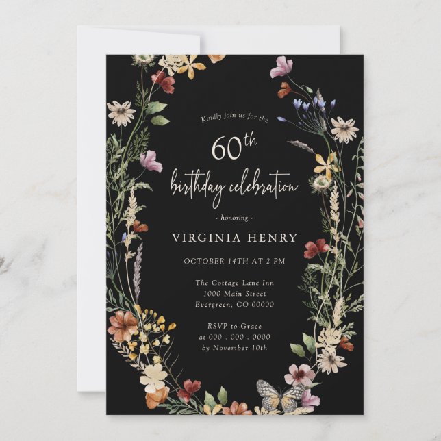 Invitación de cumpleaños número 60 con flores negr (Anverso)
