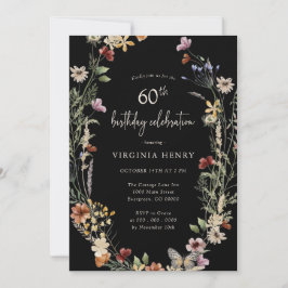 Invitación de cumpleaños número 60 con flores negr