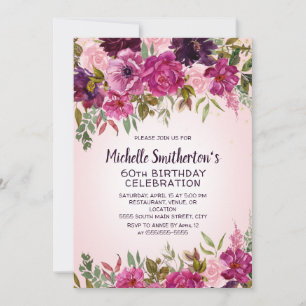 Invitación de cumpleaños número 60 con flores rosa