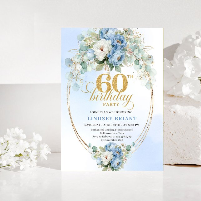 Invitación de cumpleaños número 60 con peonías azu (Blue and Gold Peonies 60th Birthday Invitation)
