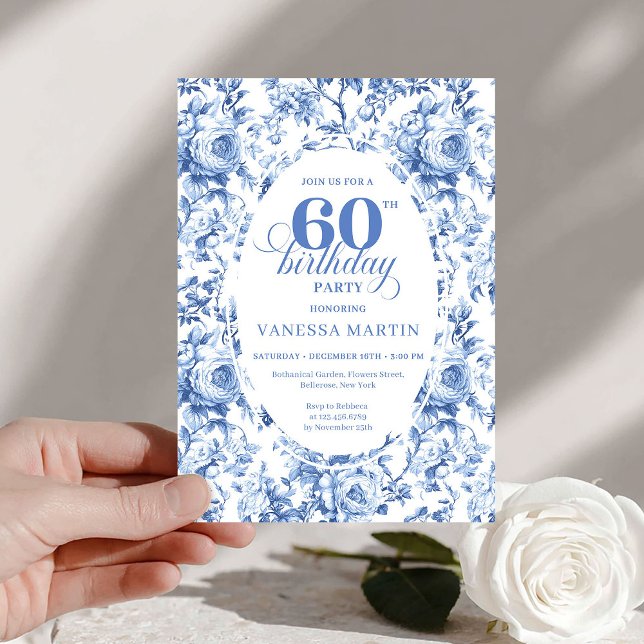 Invitación de cumpleaños número 60 con rosas Toile (Royal Blue Toile Roses 60th Birthday Invite Printable

)