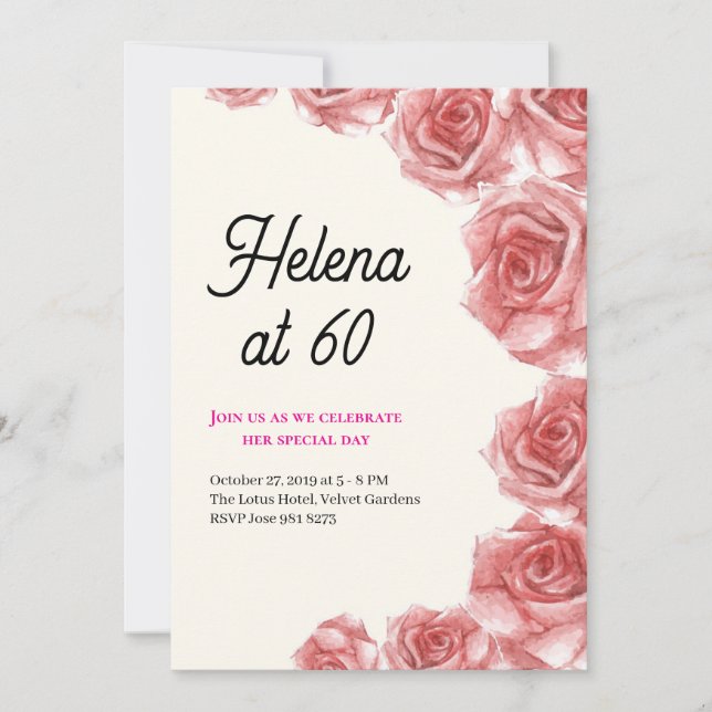 Invitación de cumpleaños número 60 con Rosas Vinta (Anverso)