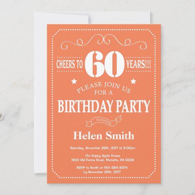 Invitación de cumpleaños número 60 Coral y Blanco (Anverso)