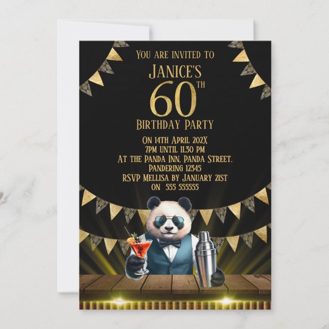 Invitación de cumpleaños número 60 de Funny Panda (Anverso)