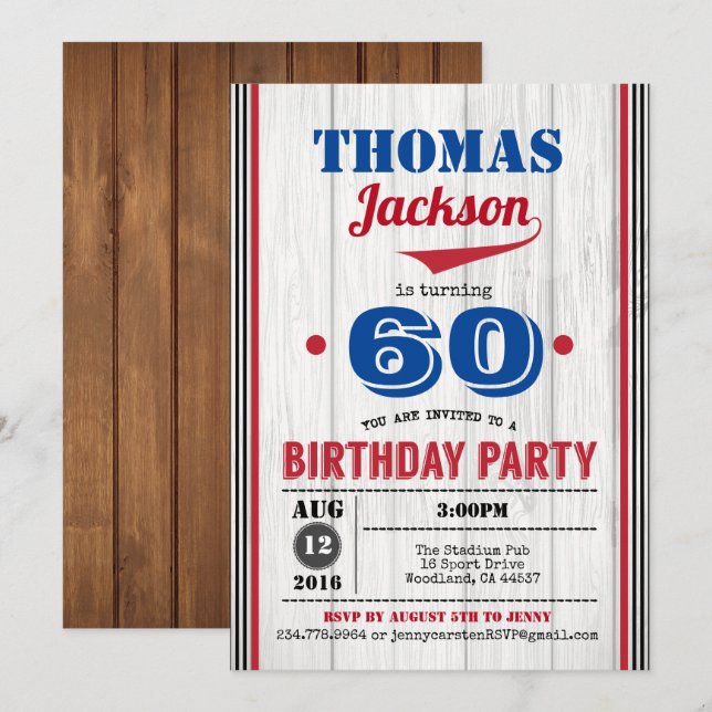 Invitación de cumpleaños número 60 del béisbol. Ho (Anverso / Reverso)