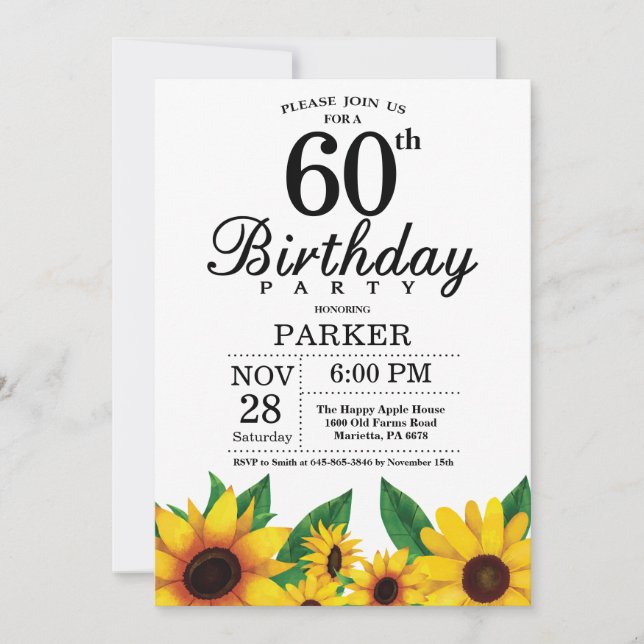 Invitación de cumpleaños número 60 del girasol (Anverso)