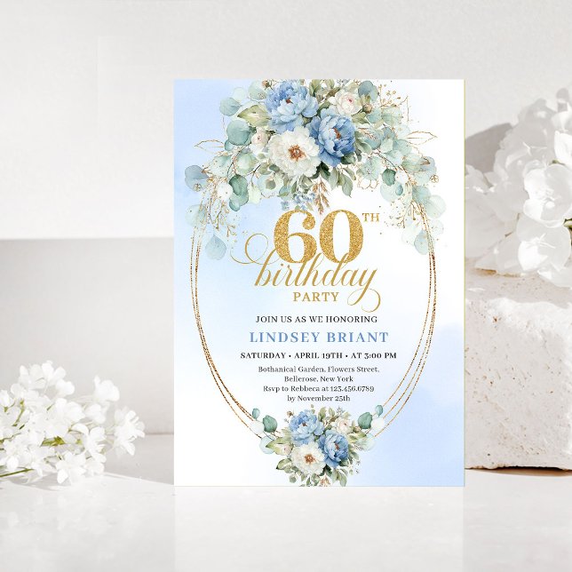 Invitación de cumpleaños número 60 en azul polvori (Dusty Blue Greenery 60th Birthday Invitation)