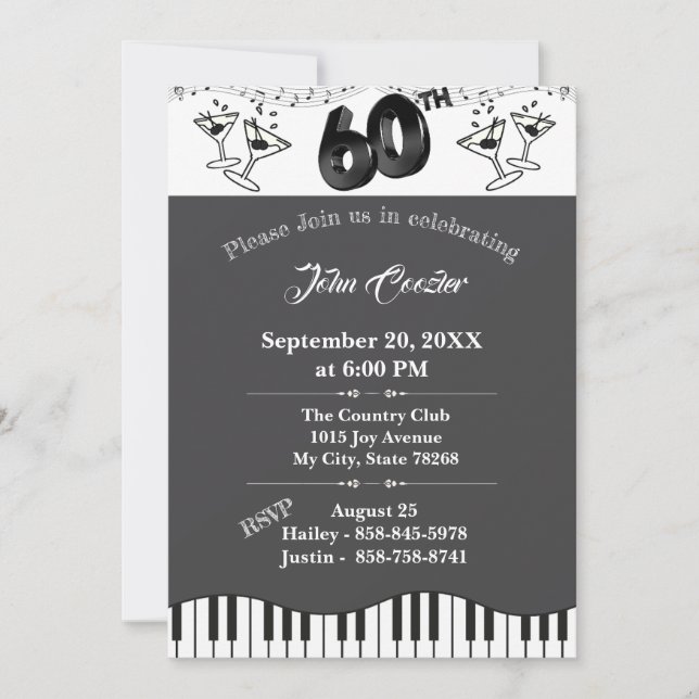 Invitación de cumpleaños número 60 en negro y blan (Anverso)