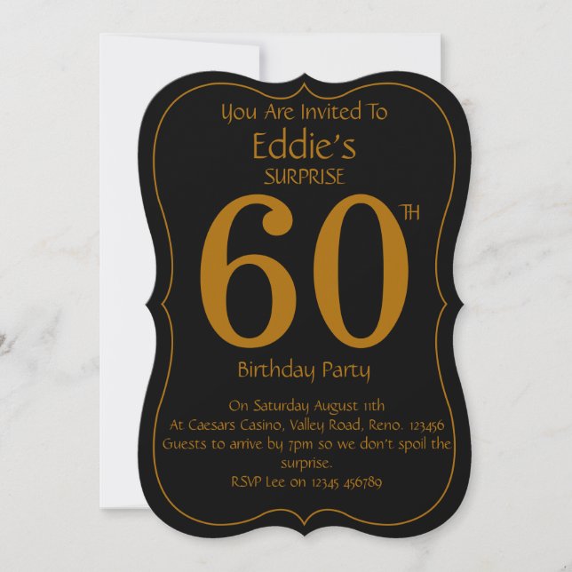 Invitación de cumpleaños número 60 en negro y dora (Anverso)