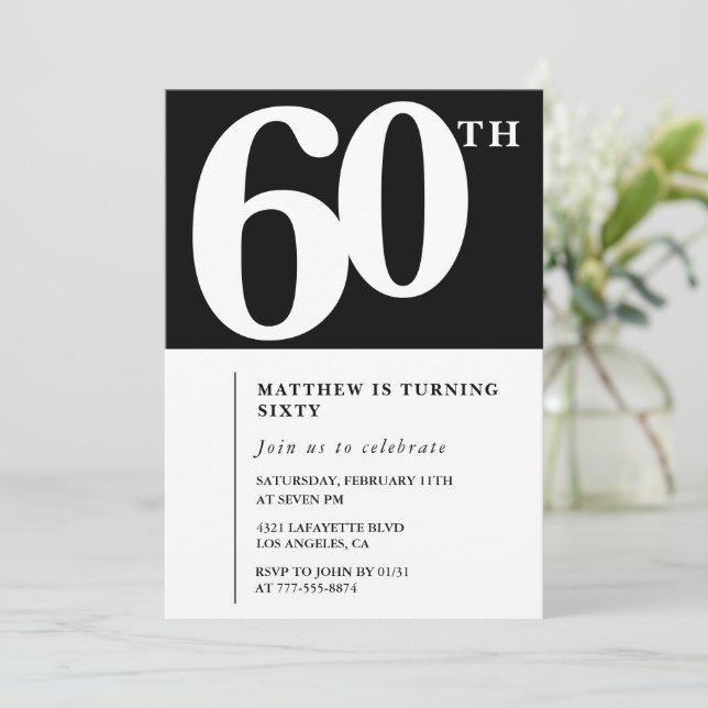 Invitación de cumpleaños número 60 negra Elegante  (Anverso de pie)
