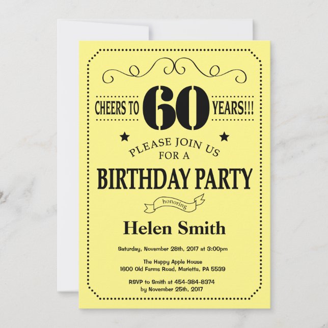 Invitación de cumpleaños número 60 negro y amarill (Anverso)