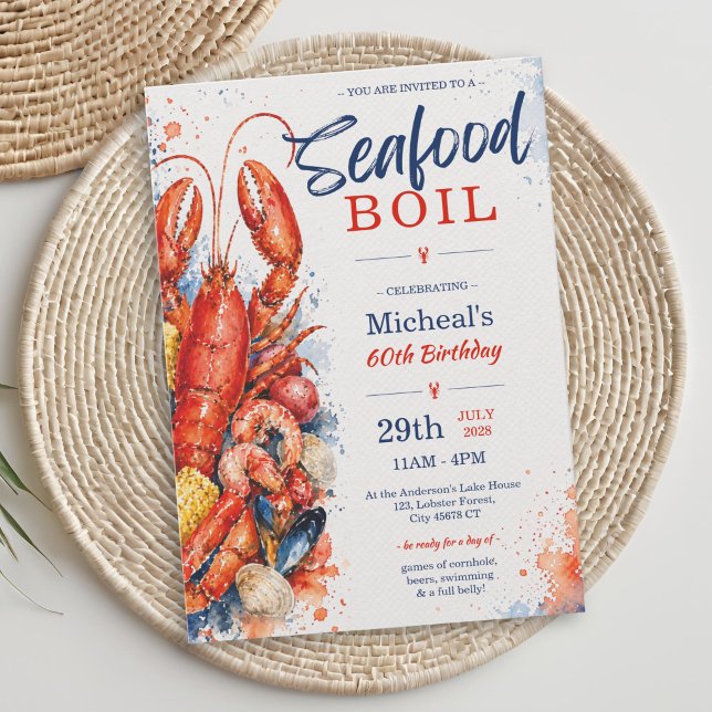 Invitación de cumpleaños número 60 para hervir mar (Watercolor Seafood Boil 60th Birthday Invitation)